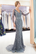 Grey Long Mermaid V-neck Tulle Evening Dresses with Sleeves