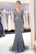 Vestidos de noche largos grises estilo sirena con escote en V, tul y mangas