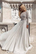 Robe de soirée longue en mousseline sans dos à manches longues grise avec perlage PG739