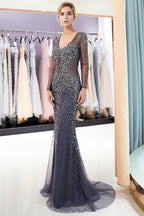 Grey Long Sleeves Mermaid V-neck Beaded Tulle Evening Dresses