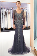Grey Long Sleeves Mermaid V-neck Beaded Tulle Evening Dresses