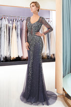 Grey Long Sleeves Mermaid V-neck Beaded Tulle Evening Dresses