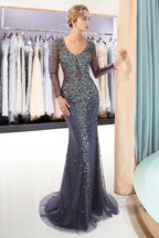 Grey Long Sleeves Mermaid V-neck Beaded Tulle Evening Dresses