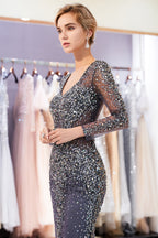 Grey Long Sleeves Mermaid V-neck Beaded Tulle Evening Dresses