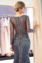 Grey Long Sleeves Mermaid V-neck Beaded Tulle Evening Dresses