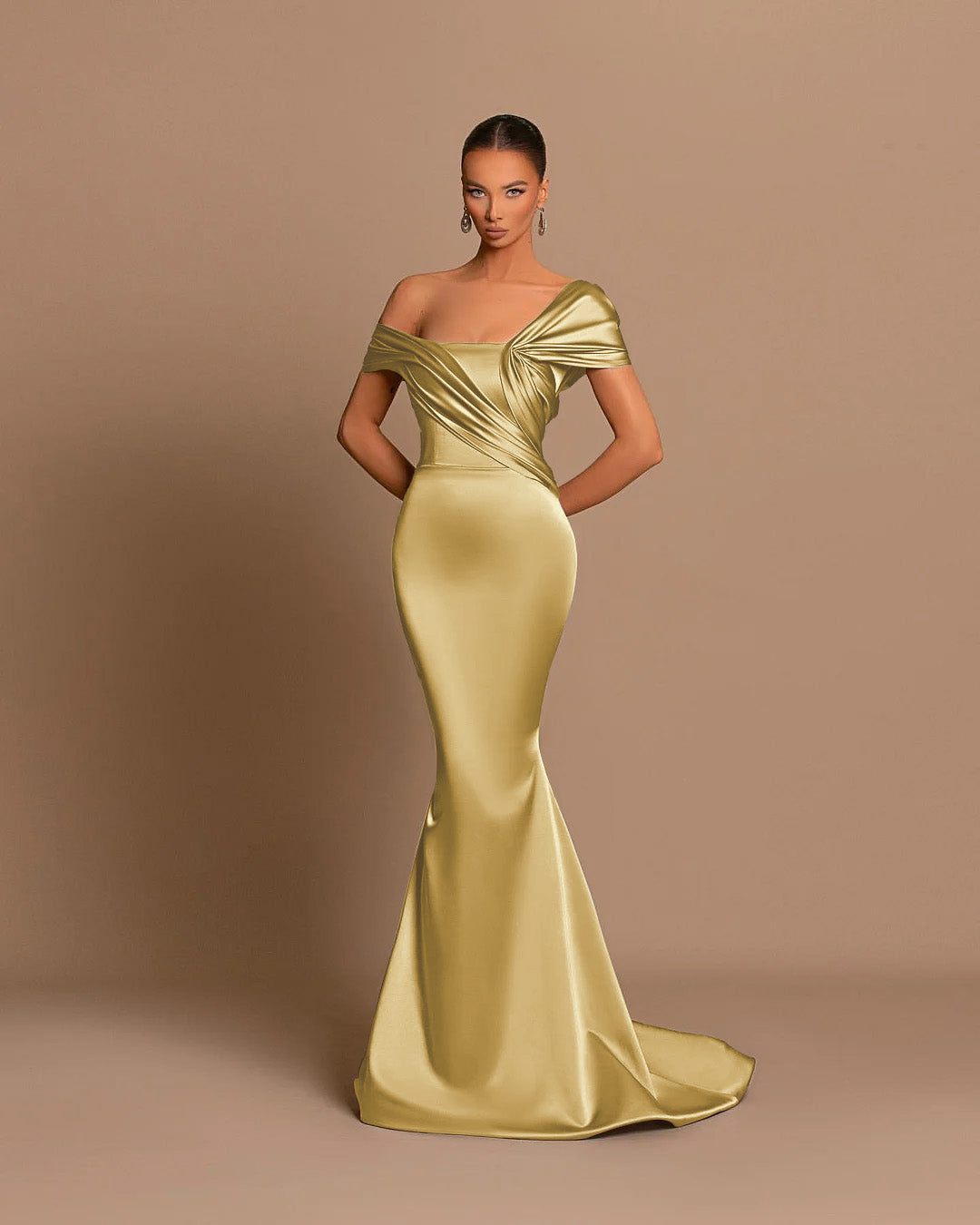 Vestidos de noite compridos em cetim azul royal com decote em V e decote em V, estilo sereia