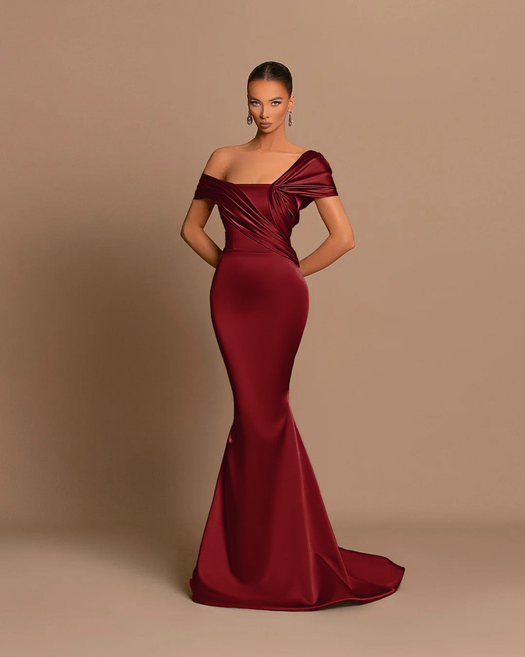 Vestidos de noite compridos em cetim azul royal com decote em V e decote em V, estilo sereia