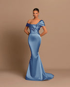 Vestidos de noite compridos em cetim azul royal com decote em V e decote em V, estilo sereia