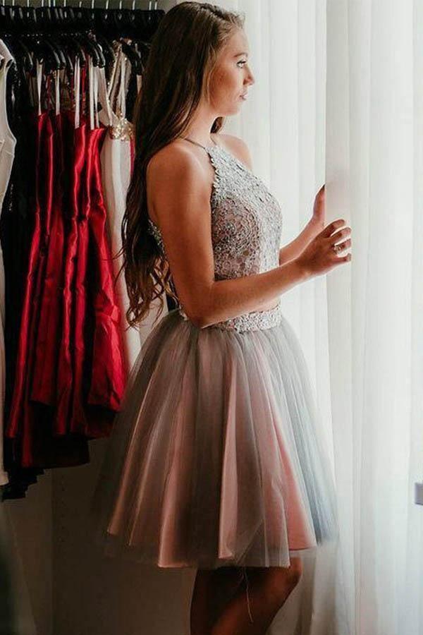 Vestido de Fiesta de Dos Piezas para el Baile de Regreso a Casa, Color Gris, con Encaje y Tirantes Altos, Modelo PD295