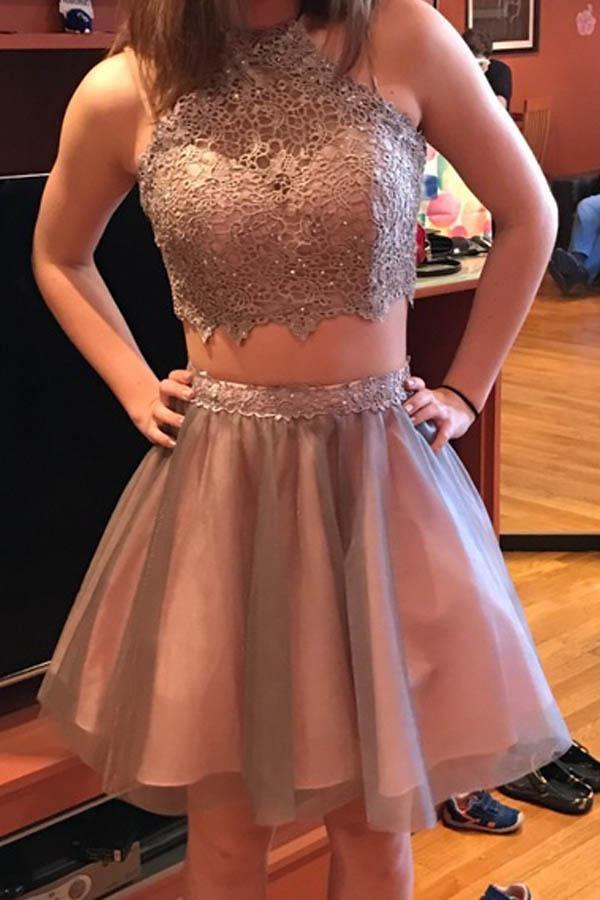 Vestido de Fiesta de Dos Piezas para el Baile de Regreso a Casa, Color Gris, con Encaje y Tirantes Altos, Modelo PD295
