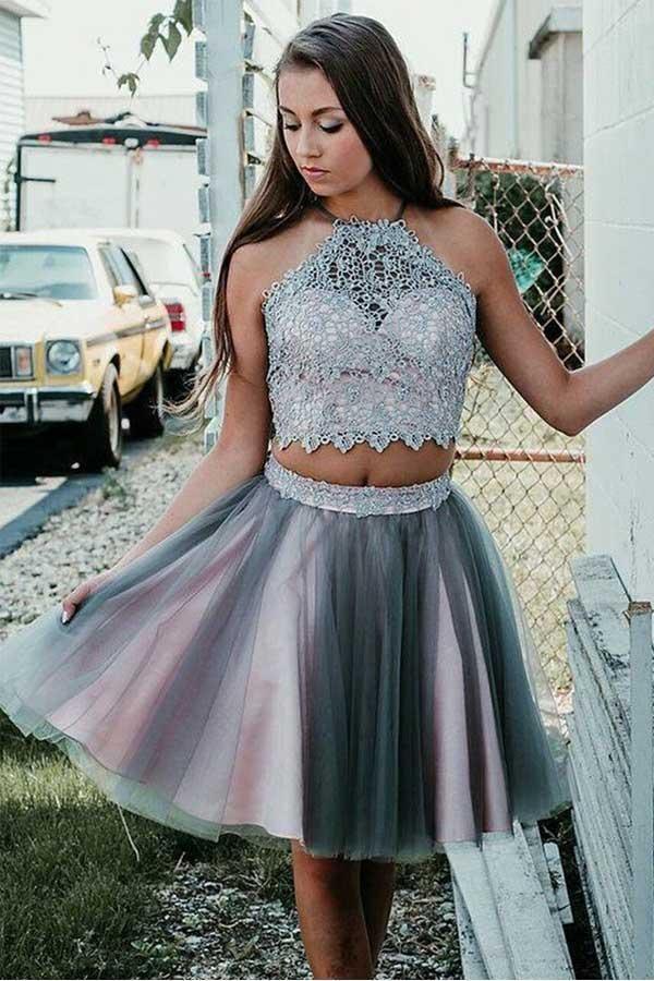 Graues kurzes zweiteiliges Trägerkleid für Homecoming-Party mit Spitze PD295