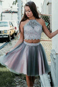 Graues kurzes zweiteiliges Trägerkleid für Homecoming-Party mit Spitze PD295