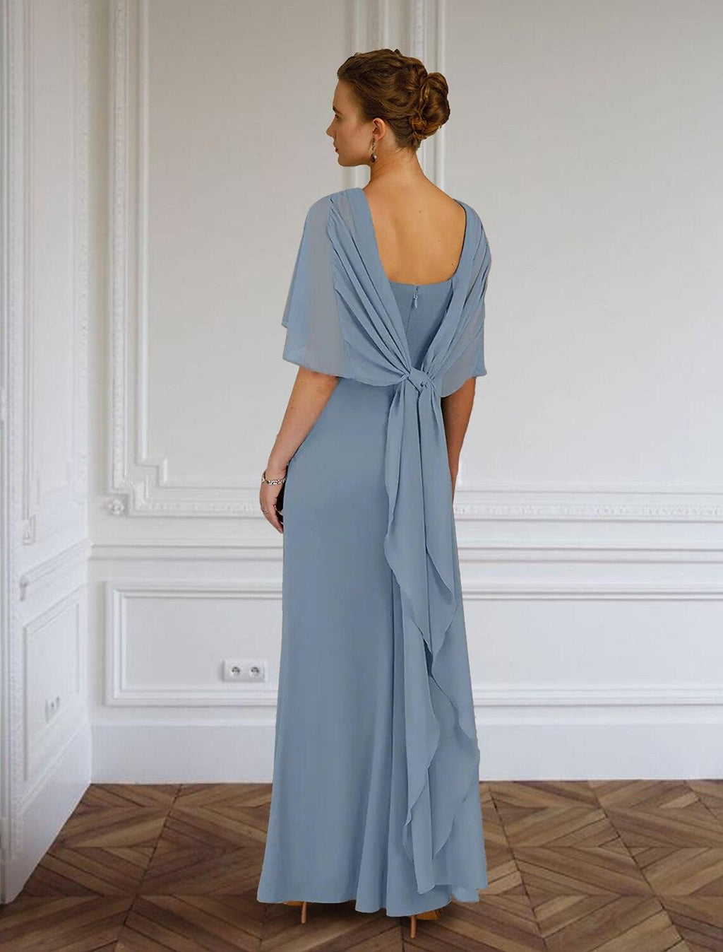 Etuikleid/Säulenkleid für die Mutter der Braut, formeller Hochzeitsgast, elegant, schlicht, Rundhalsausschnitt, bodenlang, Chiffon, ärmellos, mit seitlicher Drapierung, einfarbig