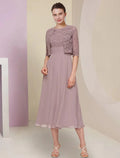 Abito Due Pezzi per Madre della Sposa Ospite Matrimonio Chiesa Elegante Scollo a Gioiello Lunghezza Tè Chiffon Pizzo Mezza Manica Colore Unito