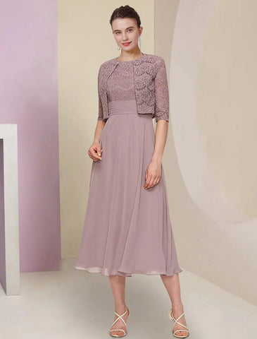 Zweiteiliges Kleid für die Mutter der Braut, Hochzeitsgast, Kirche, elegant, Rundhalsausschnitt, knielang, Chiffon, Spitze, halbe Ärmel, einfarbig