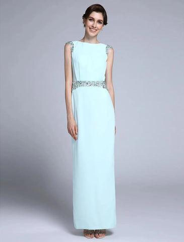 Etuikleid/Säulenkleid für die Brautmutter, elegant, U-Boot-Ausschnitt, knöchellang, Chiffon, ärmellos, mit Kristallen