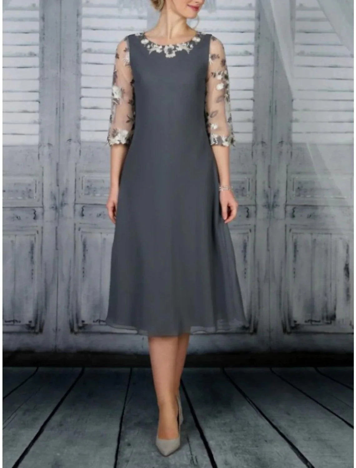 Vestido tubinho/coluna para mãe da noiva, festa de casamento, elegante, decote redondo, comprimento chá, chiffon, renda, meia manga com folhos, cor sólida