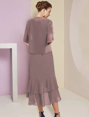Zweiteiliges A-Linien-Kleid für die Mutter der Braut, formelle Herbsthochzeitsgäste, elegant, hoher und niedriger V-Ausschnitt, asymmetrisch, knielang, Chiffon, Spitze, kurze Ärmel, 3/4-Ärmel, Wickelkleid inklusive Applikationen