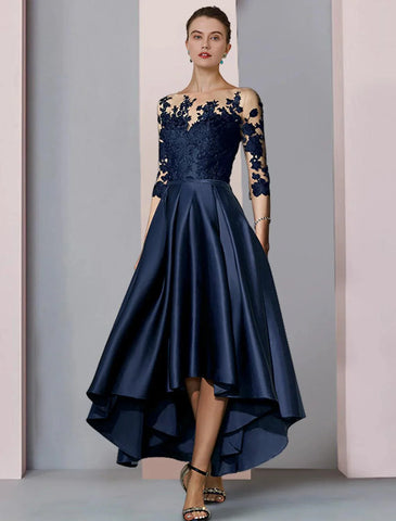Kleid für die Mutter der Braut, Hochzeitsgast, elegant, hoch, tief, U-Ausschnitt, asymmetrisch, knielang, Satin, Spitze, 3/4-Ärmel mit Falten