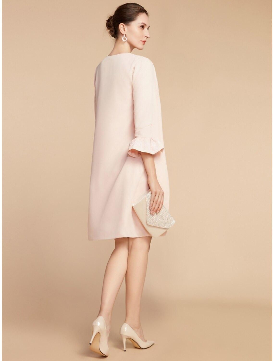 Vestido de mãe da noiva em duas peças, corte A, elegante, pequeno, decote redondo, curto/mini, renda, tecido elástico, manga 3/4, com laço(s), folhos, cor sólida