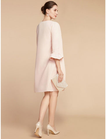 Zweiteiliges A-Linien-Kleid für die Mutter der Braut, Hochzeitsgast, elegant, zierlich, Rundhalsausschnitt, kurz/Mini, Spitze, Stretch-Stoff, 3/4-Ärmel mit Schleife(n), Rüschen, einfarbig
