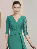 Vestido tubinho/coluna para mãe da noiva, festa formal para convidados de casamento, elegante, decote em V, comprimento até ao chão, chiffon, renda, meia manga com franzido