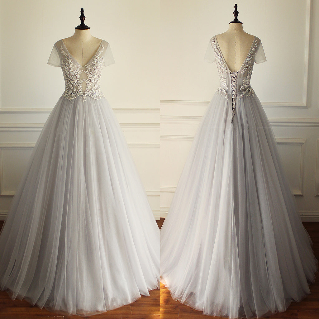 Gorgeous Beading Appliques Unique Gray Tulle A-line Short Sleeve Lace Up Back Wedding Dress,DB093