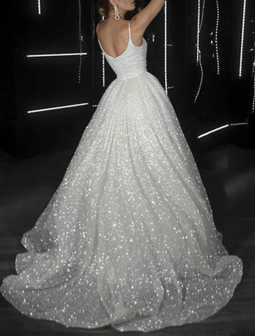 Glitzerndes Kleid für Hochzeit, Party, Geburtstag, Hofschleppe, ärmellos, Spaghettiträger, Tüll mit Pailletten, Ballkleider