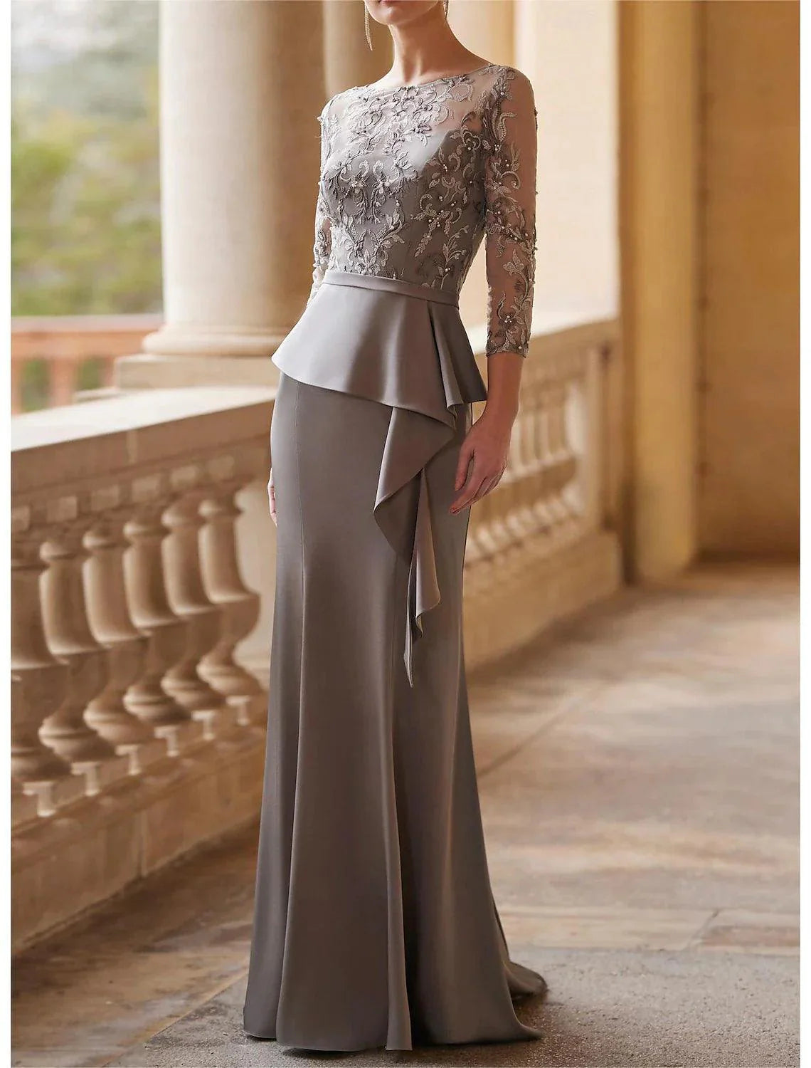 Vestido de festa para convidados de casamento, elegante, vintage, com decote ilusão, comprimento até ao chão, renda, tecido elástico, manga 3/4, meia manga com faixa/fita, franzido, missangas, para mãe da noiva