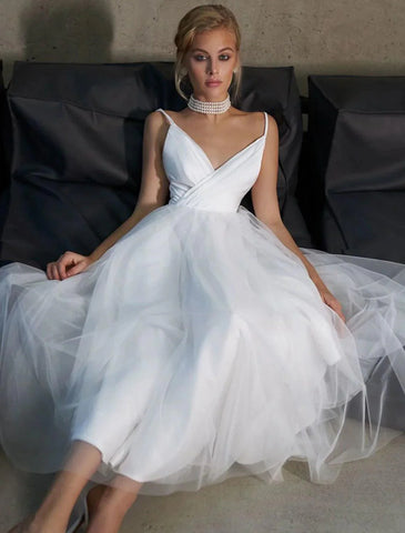 Vestidos brancos curtos para recepção, vestidos de noiva casuais, corte A, camisola, decote em V, alças finas, comprimento até ao tornozelo, vestidos de noiva de tule com cor sólida
