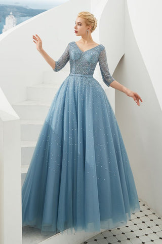 Halbarm Aline Tüll Abend Maxikleid Perlen V-Ausschnitt Ballkleid