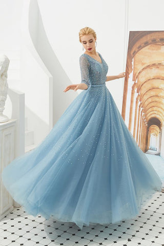 Halbarm Aline Tüll Abend Maxikleid Perlen V-Ausschnitt Ballkleid