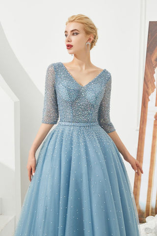 Halbarm Aline Tüll Abend Maxikleid Perlen V-Ausschnitt Ballkleid