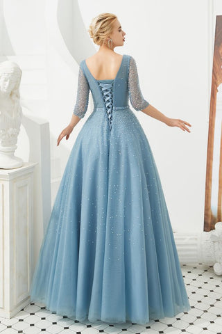 Halbarm Aline Tüll Abend Maxikleid Perlen V-Ausschnitt Ballkleid