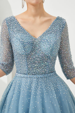 Halbarm Aline Tüll Abend Maxikleid Perlen V-Ausschnitt Ballkleid