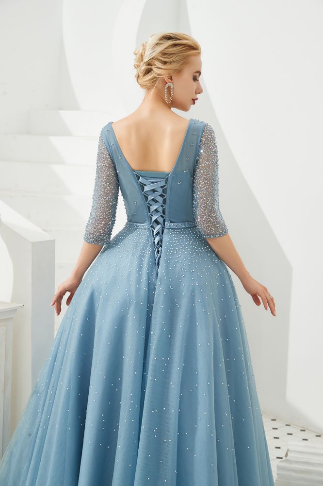 Halbarm Aline Tüll Abend Maxikleid Perlen V-Ausschnitt Ballkleid