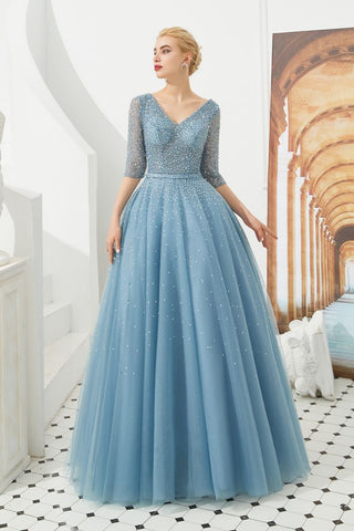 Halbarm Aline Tüll Abend Maxikleid Perlen V-Ausschnitt Ballkleid