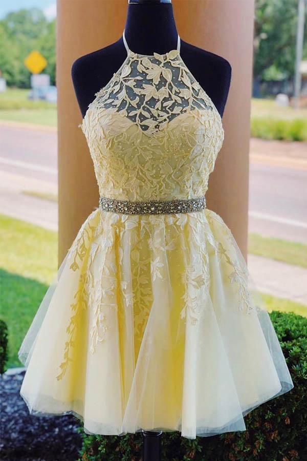 Halter Applikationen Gelbes Heimkehrkleid Kurzes Ballkleid Mit Perlenbesetztem Gürtel PD323