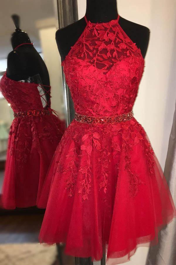 Halter Applikationen Gelbes Heimkehrkleid Kurzes Ballkleid Mit Perlenbesetztem Gürtel PD323