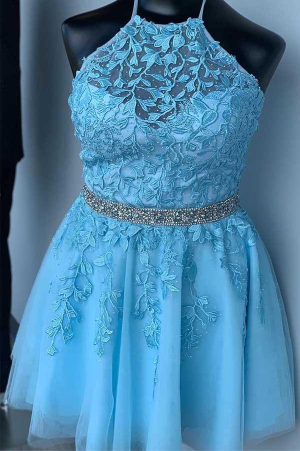 Halter Applikationen Gelbes Heimkehrkleid Kurzes Ballkleid Mit Perlenbesetztem Gürtel PD323