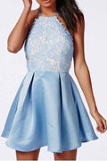Robe de bal courte sans dos à bretelles en satin dentelle bleu pour le bal de fin d'année PD270