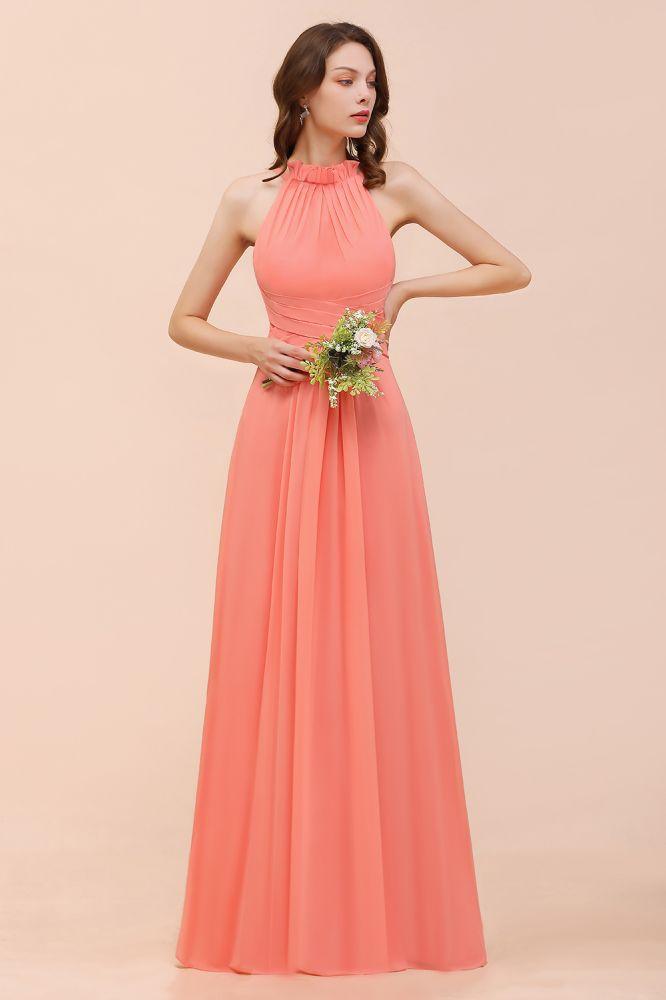 halter Beach Bridesmaid Dress Girls Coral Floor Length Wedding Party Dress
