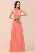 halter Beach Bridesmaid Dress Girls Coral Floor Length Wedding Party Dress