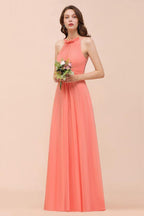 halter Beach Bridesmaid Dress Girls Coral Floor Length Wedding Party Dress