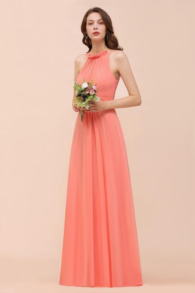 halter Beach Bridesmaid Dress Girls Coral Floor Length Wedding Party Dress