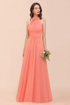 halter Beach Bridesmaid Dress Girls Coral Floor Length Wedding Party Dress