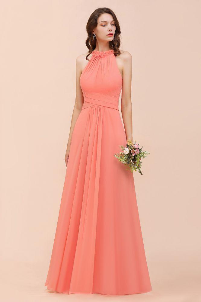 halter Beach Bridesmaid Dress Girls Coral Floor Length Wedding Party Dress