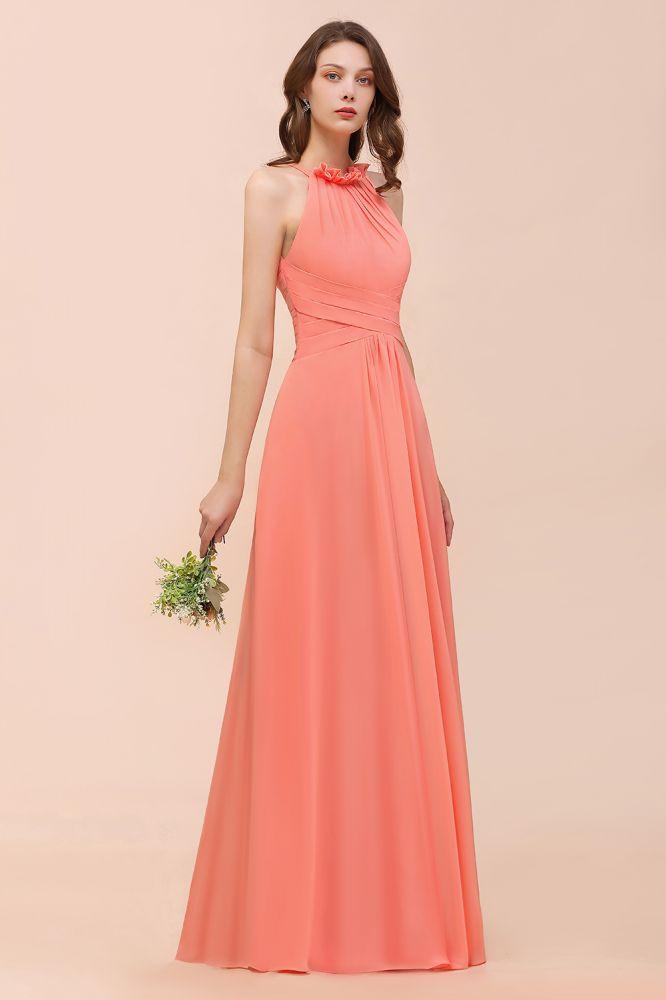 halter Beach Bridesmaid Dress Girls Coral Floor Length Wedding Party Dress