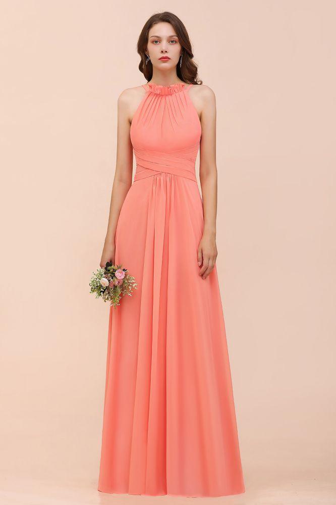 halter Beach Bridesmaid Dress Girls Coral Floor Length Wedding Party Dress