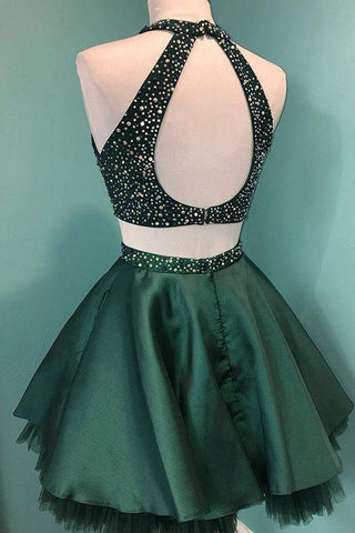 Halter Beaded Green Satin Two Piece Homecoming Dress Short Prom Dress PD358